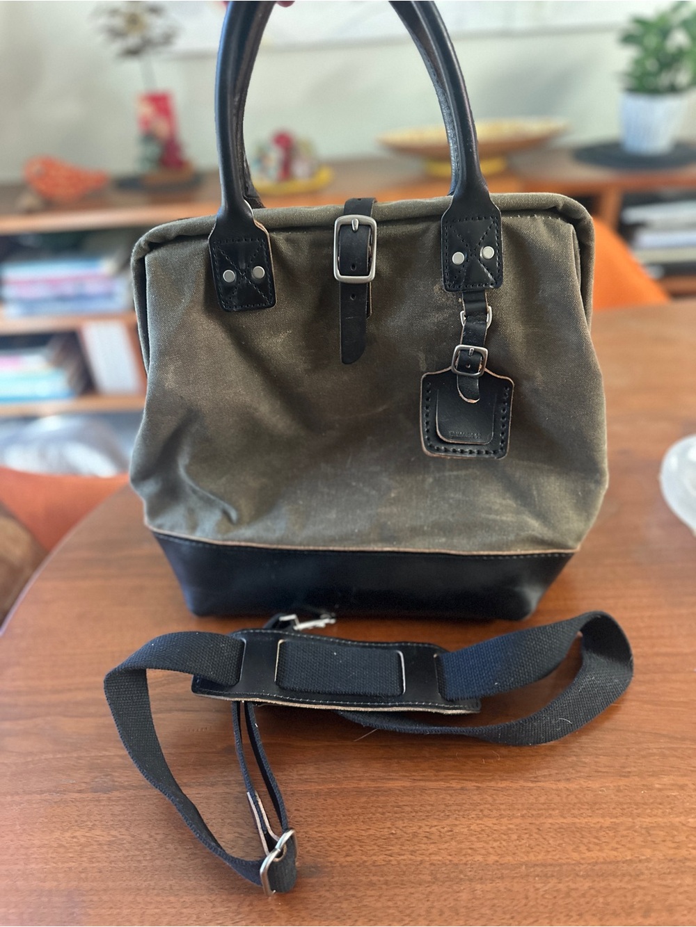 Canvas and Leather Tote Bag in Olive Green and Black